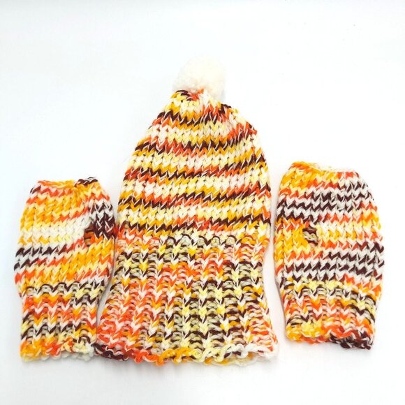 Handmade Loom Knit Fingerless Gloves Beanie Hat Toque Pompom Size Small Autumn - Picture 15 of 16